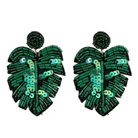 

Creative Big Green Sequin Plant Palm Leaf Earrings Seed Bead Monstera Earrings