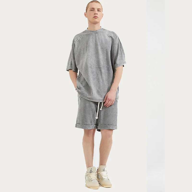 

2021 new casual 100% heavy cotton men's t shirt suit summer comfort sportswear 2 pieces suits oversized logo custom shorts suit