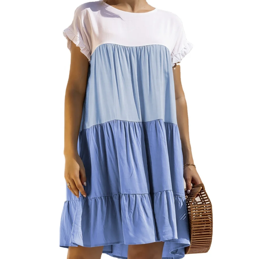 

Fashion Color Block Causal Dress,Short Sleeve Striped Woman Loose Dress, Picture