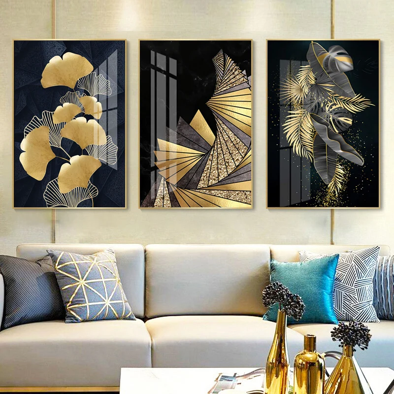 

Abstract Painting Nordic Decoration Golden Leaf Canvas Wall Art Poster and Print Decorative Pictures for Living Room Home Decor