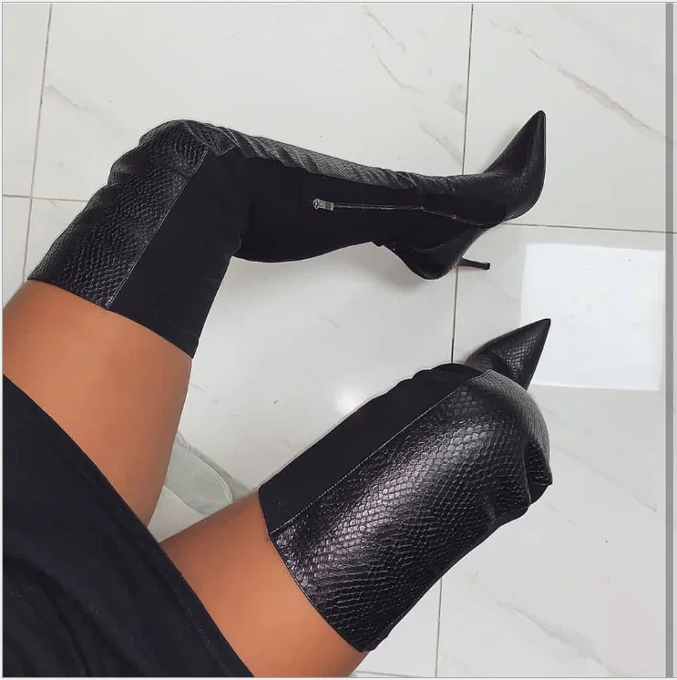 

New style long tube boot wintter black sexy fashion zipper pointed stiletto high heel boots over knee party boots wholesale