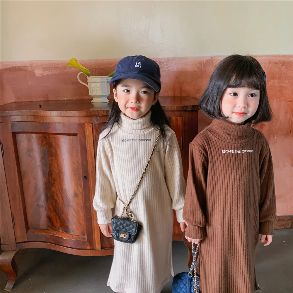 

fall autumn WINTER little toddler baby girls sweater dress Turtleneck SOLID KOREAN cotton kids clothing children clothes