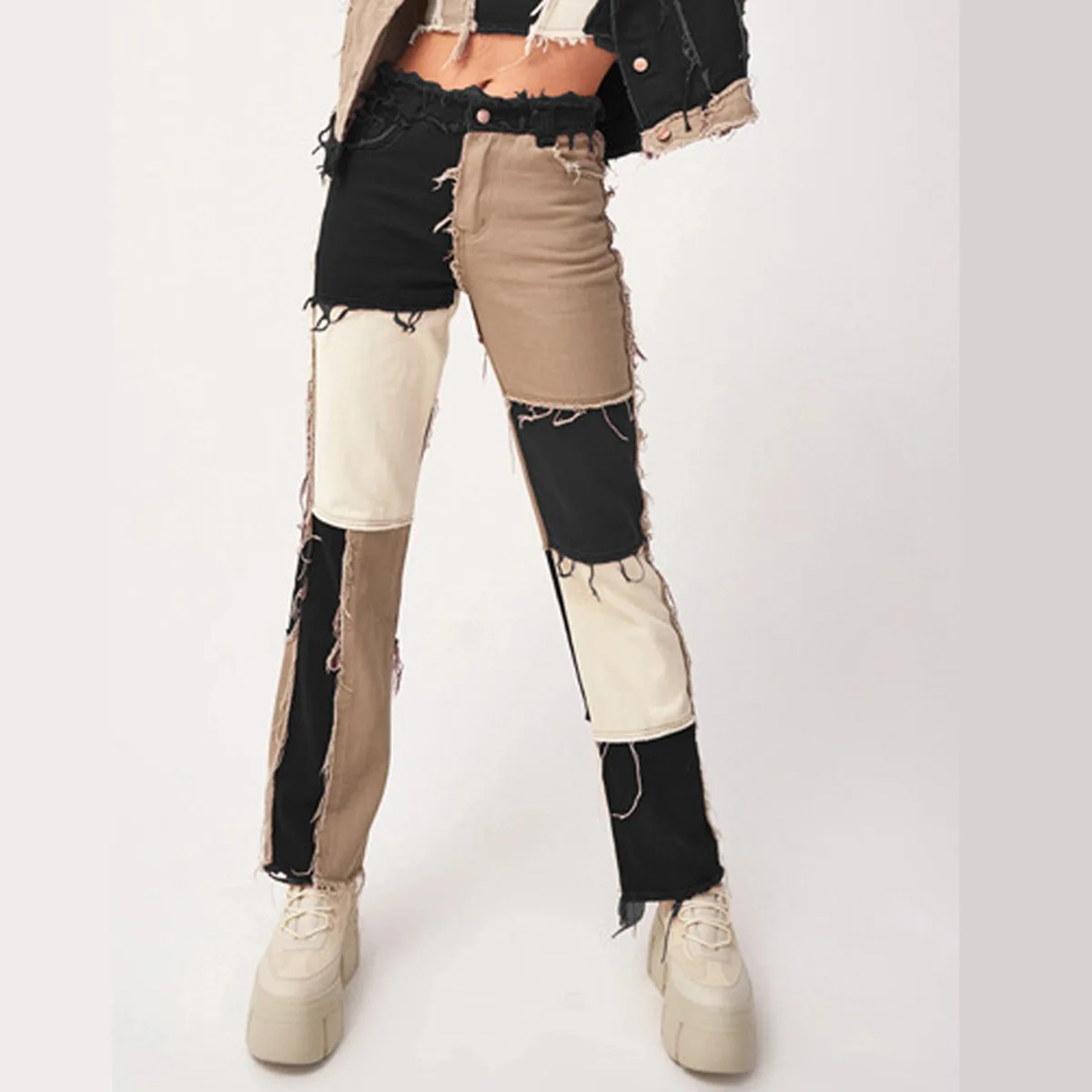 

Factory Wholesale Fashion High Waist Denim Women Straight Patchwork Jeans