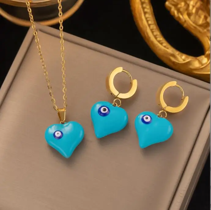 

Stainless Steel resin Heart eye Pendant Necklace Earrings Jewelry For Women Wedding Jewelry Sets Gifts Fashion wholesale