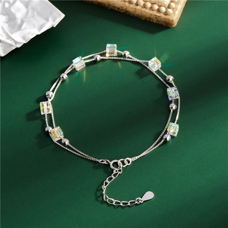 

Sparkling S925 Silver Austrian Aurora Square Crystal Bracelets Adjustable Double Layers Silver Box Chain Round Beads Bracelet