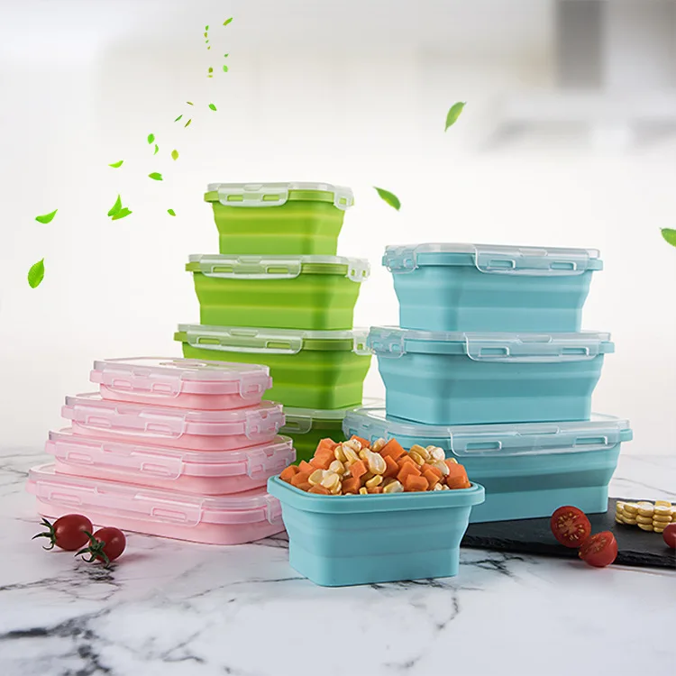 

Environmentally Friendly Colorful Square Collapsible Silicone Food Containers Storage 4 Pack Lunch Bento Box With Lid, Blue, red, green, pink, grey blue