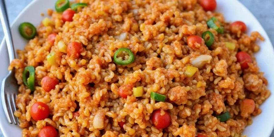 Colorful bowl of jambalaya on wooden table