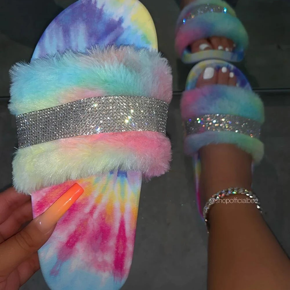 

2020 new tie-dye colorful soft fur women slides white rhinestone soft cozy plush women's rainbow slippers sandals footwear shoes