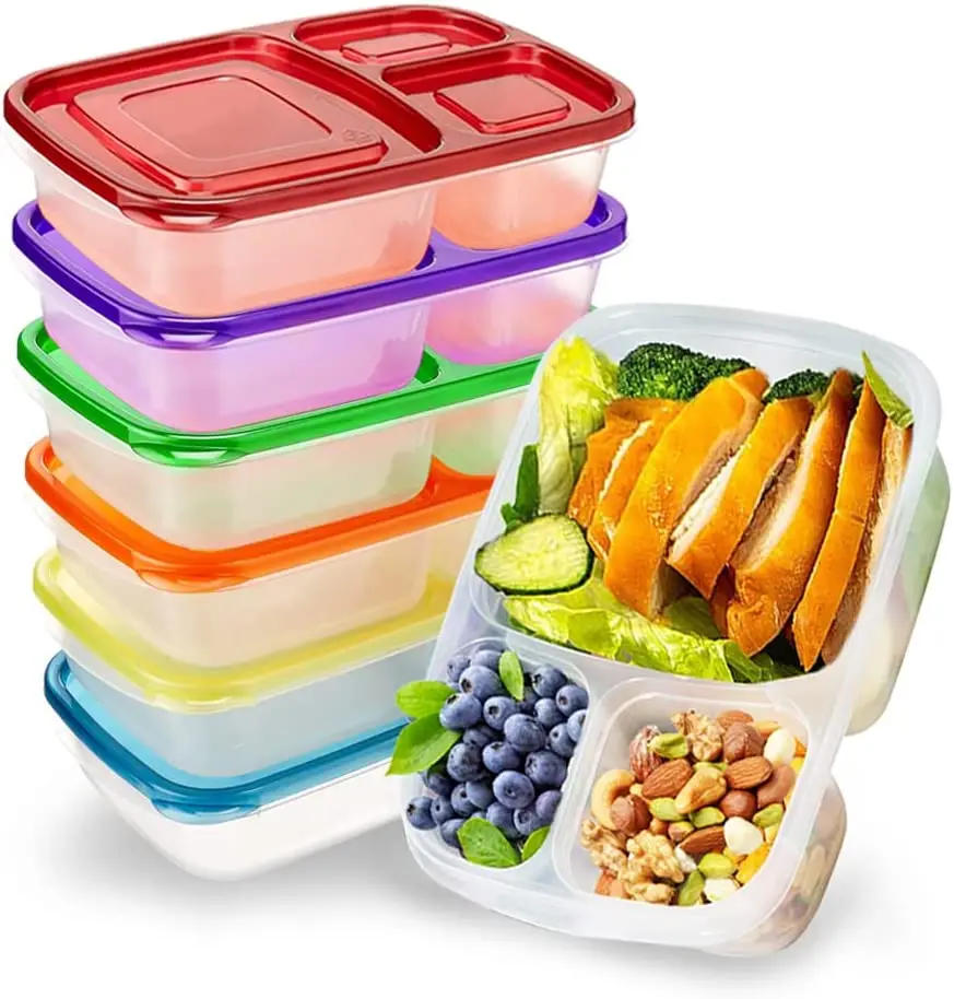 

IN STOCK Portable Reusable 3-Compartment Plastic Divided Food Containers Bento Lunch Boxes Set