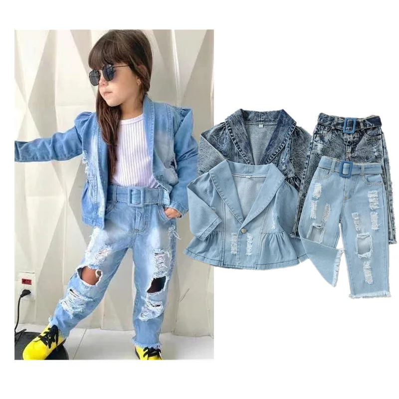 

Custom Newborn Baby Denim Fabric Loose Coat Hollowed Out Pants Suit Jeans Winter Kids Girl Two Piece Sets, Picture shows