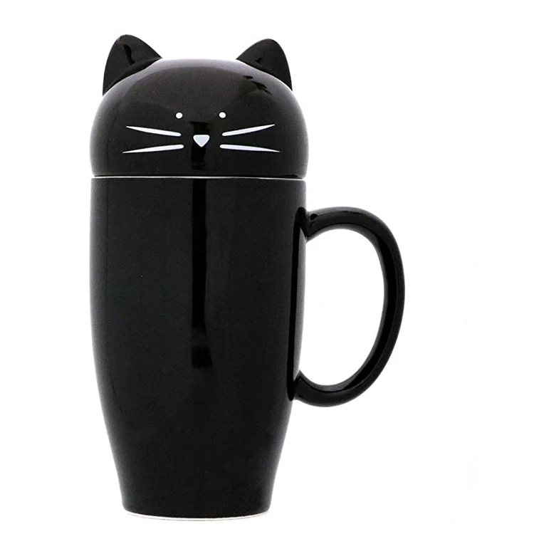 

black tall custom design porcelain milk cup tea cat ceramic mug with lid