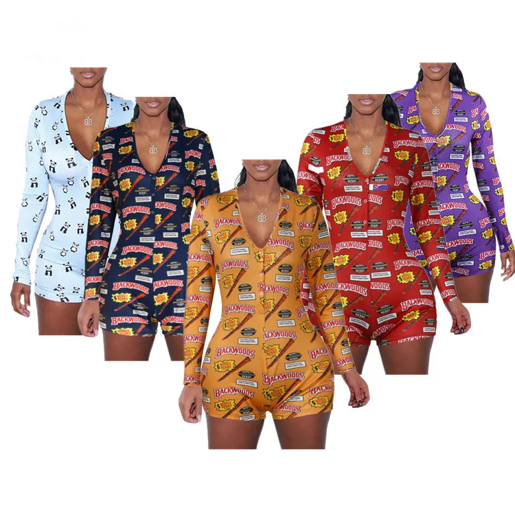 Multiple color styles Polysuit Autumn Sexy Womens Low V-neck Onesie Pajamas Adult Bodycon Short Jumpsuit Slim Romper Sleepwear