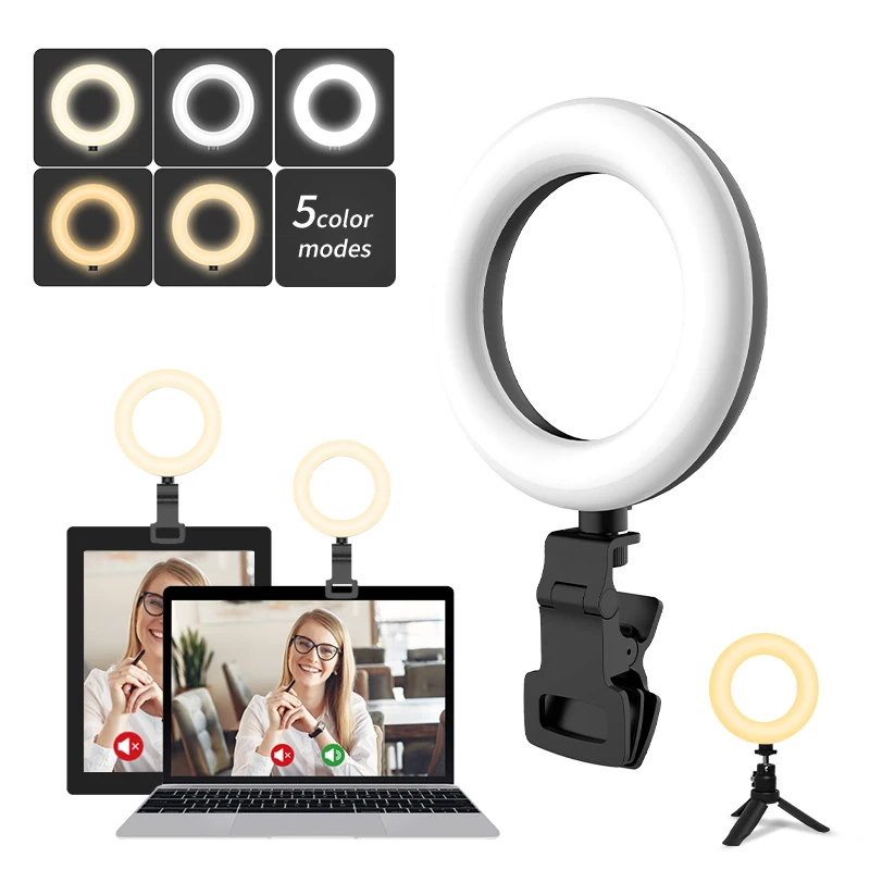 

2021 New Design 5 Color Modes Ring Light with Clip and Tripod Stand, Black/white