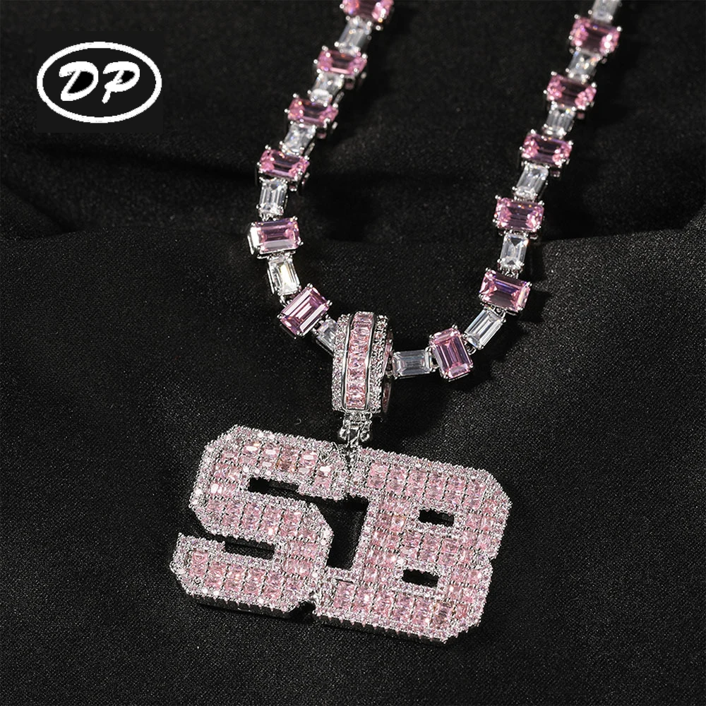 

DP New Brass Cuboid CZ Chain Initial Letter Pendant Pink Color Necklace Hip Hop Clear Zircon Jewelry Women Man, Gold silver