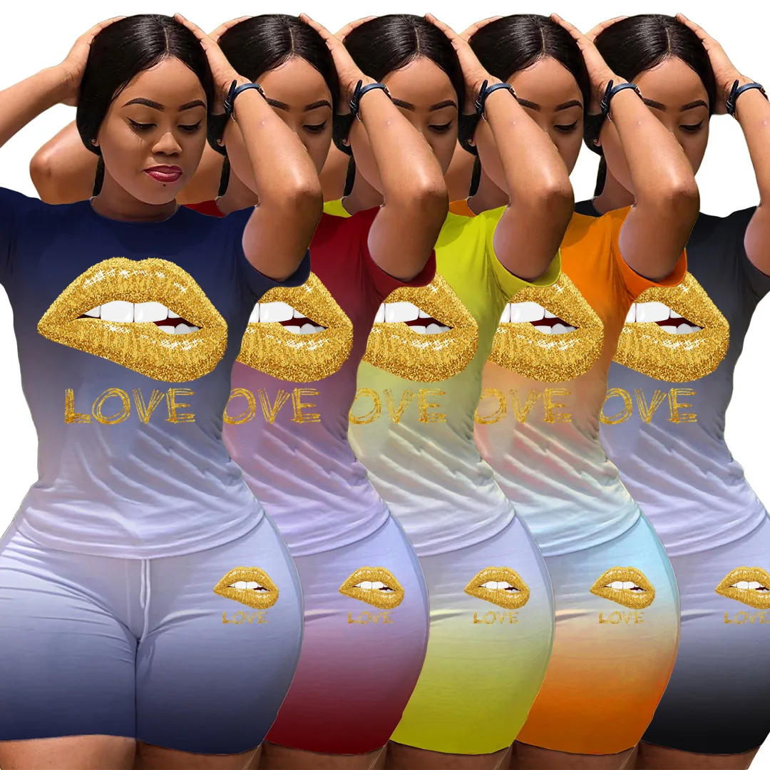 

Popular European and American home wear lip love pattern casual sports two piece set gradient color