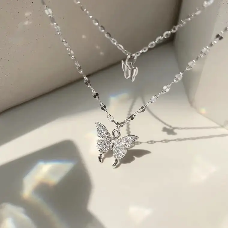 

Fashion Slub Chain Necklace Women Simple Personality Alloy Necklace Diamond Encrusted Double layer Butterfly Necklace