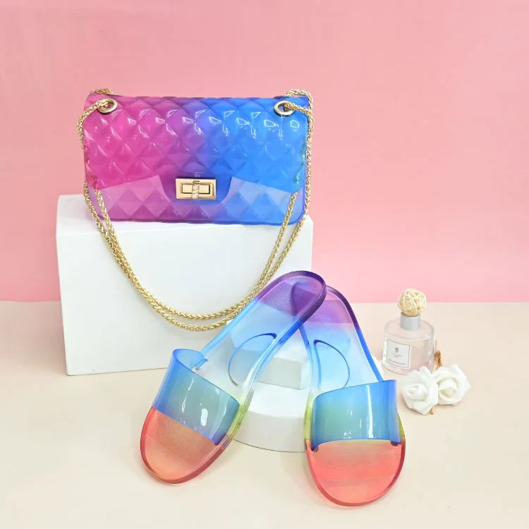 

2021 new arrivals shoulder handbag pvc female purses and handbags jelly bag purses and slippers sets, 7 colours