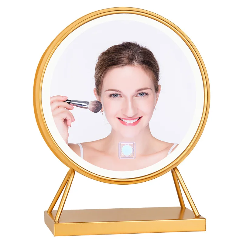 

2021 Nordic Golden Girls Bedroom Desk Table Touch Portable Vanity Led Makeup Mirror with Lights, Gold