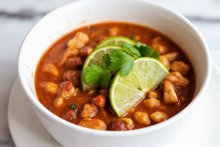 Simple chicken chili recipe in white bowl topped with fresh cilantro and lime wedges