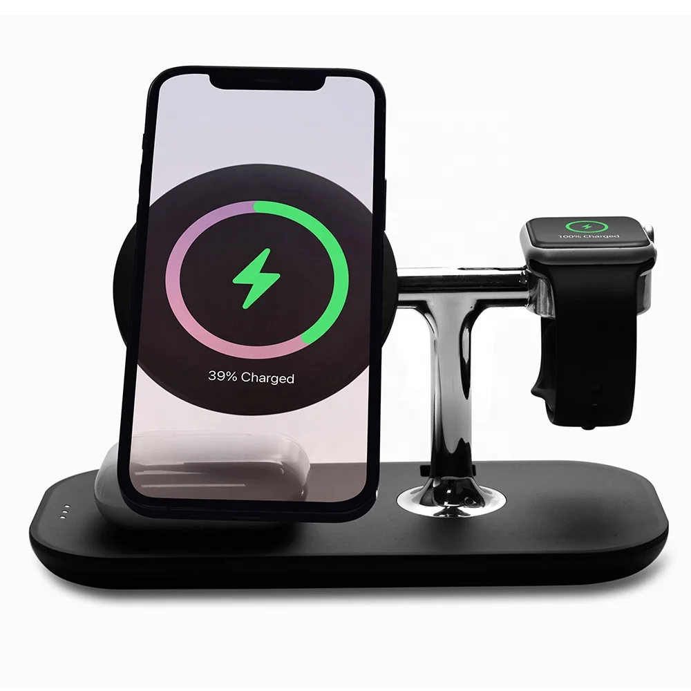 

2021 Factory Patent Design 3 in 1 Magnetic Charger Wireless Charging Stand for iPhone & AirPods & Apple Watch, Black with rubber coating & e-plating finishes