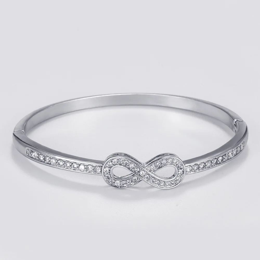 

Elegant Brass White Gold Plated Rhinestone Cuff Cubic Zircon Paved Infinity Bangle