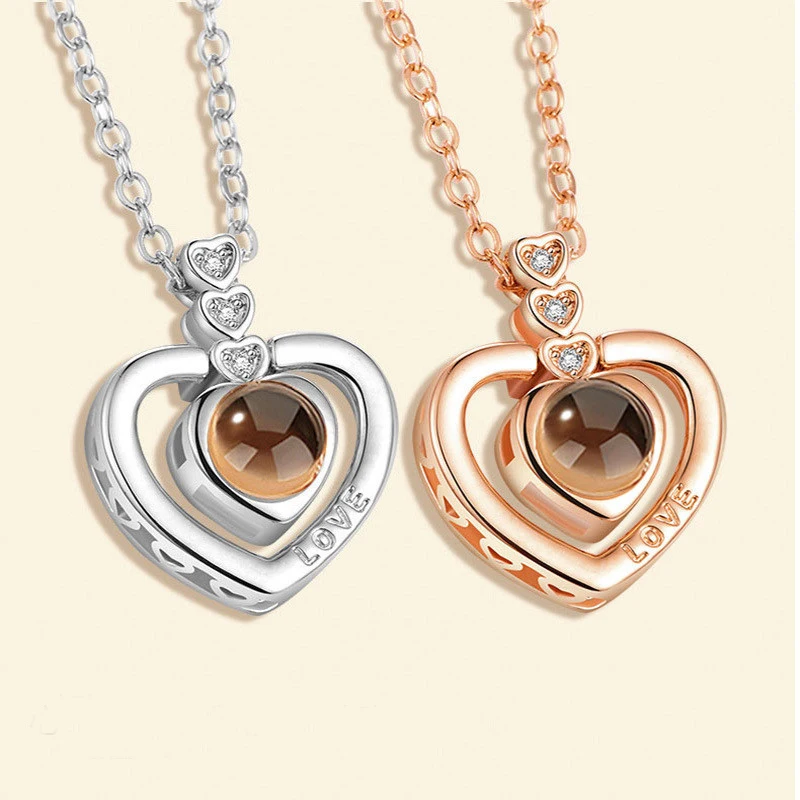 

New 2020 Fashion 100 Language I Love You 3 Heart-shaped Projection Necklace Pendants Women Jewelry, Picture