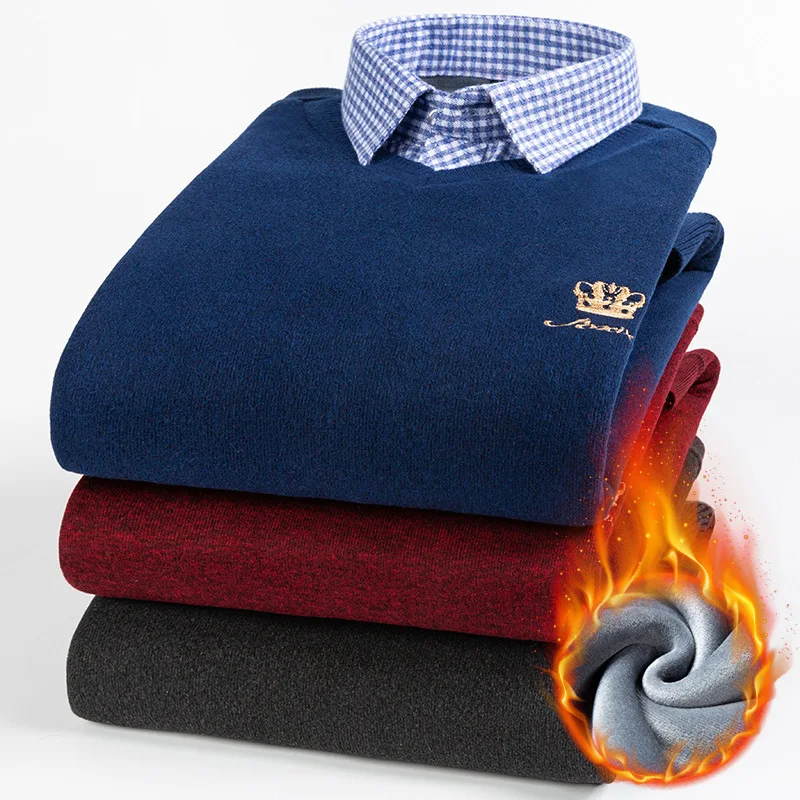 

Winter men's warm long sleeve shirt plus velvet thickening 2 IN 1 sweater casual shirt gentlemen sweater with shirt collar