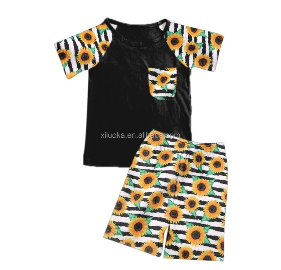 

Fashion summer 2 parts kids sets short sleeve summary pattern t-shirts match shorts pocket sunflower baby girl outfits, Picture