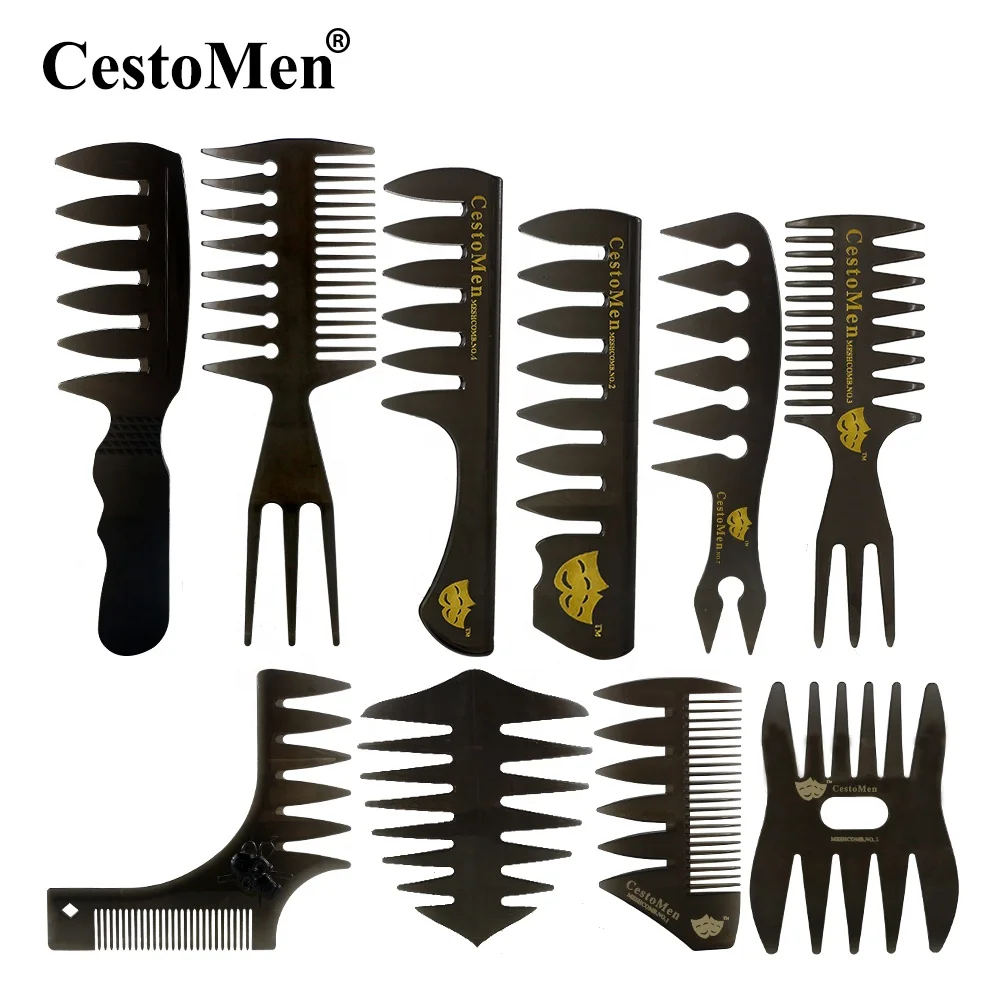 

CestoMen Professional Styling Comb 10 Designs Wide Coarse Tooth Hair Comb Men Hair Styling Oil Head Texture Retro Barber Comb, Black