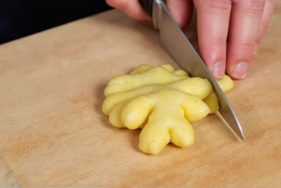 Professional chef demonstrating proper knife grip while chopping fresh ginger root on wooden cutting board