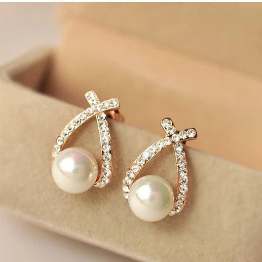 

00168-8 Fashion Gold Pearl Stud Earrings Jewelry Cute Bowknot Dangle Earrings For Women Shiny Crystal Wedding Jewelry Elegant