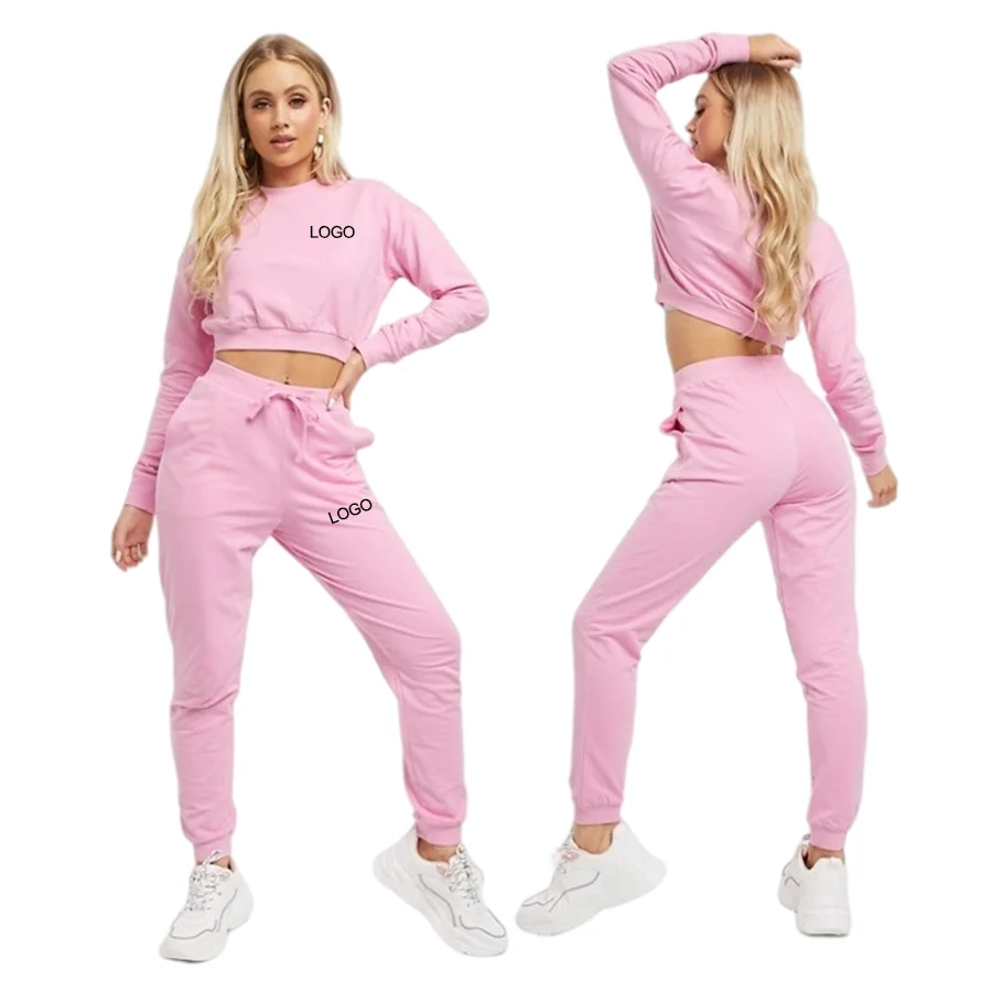 

Oem Design Tracksuit Set Women Logo Custom sweatshirt jogging Suits High Quality Cotton Preshrunk Track Sweat Suit, Pink