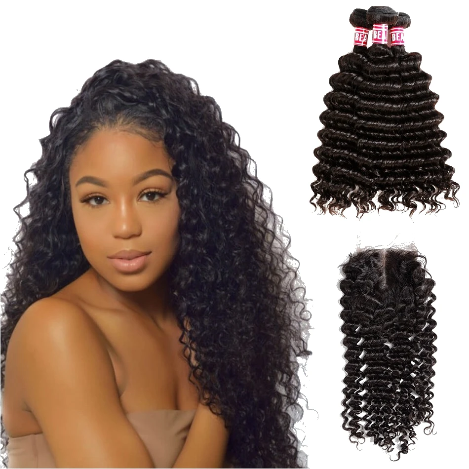 

10A Deep Wave Curly Human Hair 3 Bundles with 4x4 Lace Closure Raw Brazilian Virgin Hair Mink Cuticle Aligned Human Hair Vendors, Natural color