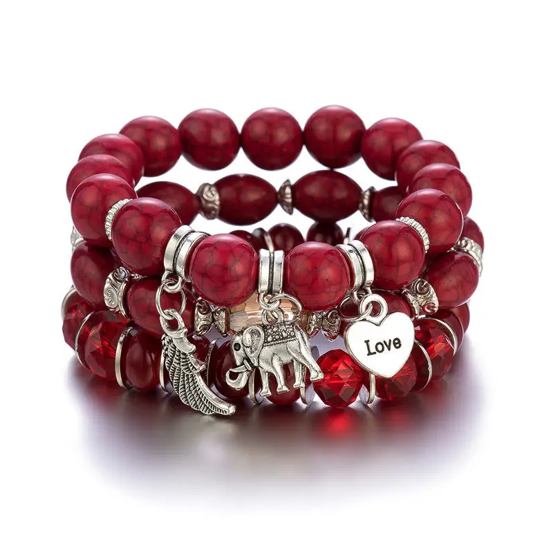 

3pcs bohemian beaded elephant pendant wings love charm ball stainless beaded bracelet women, Black.red