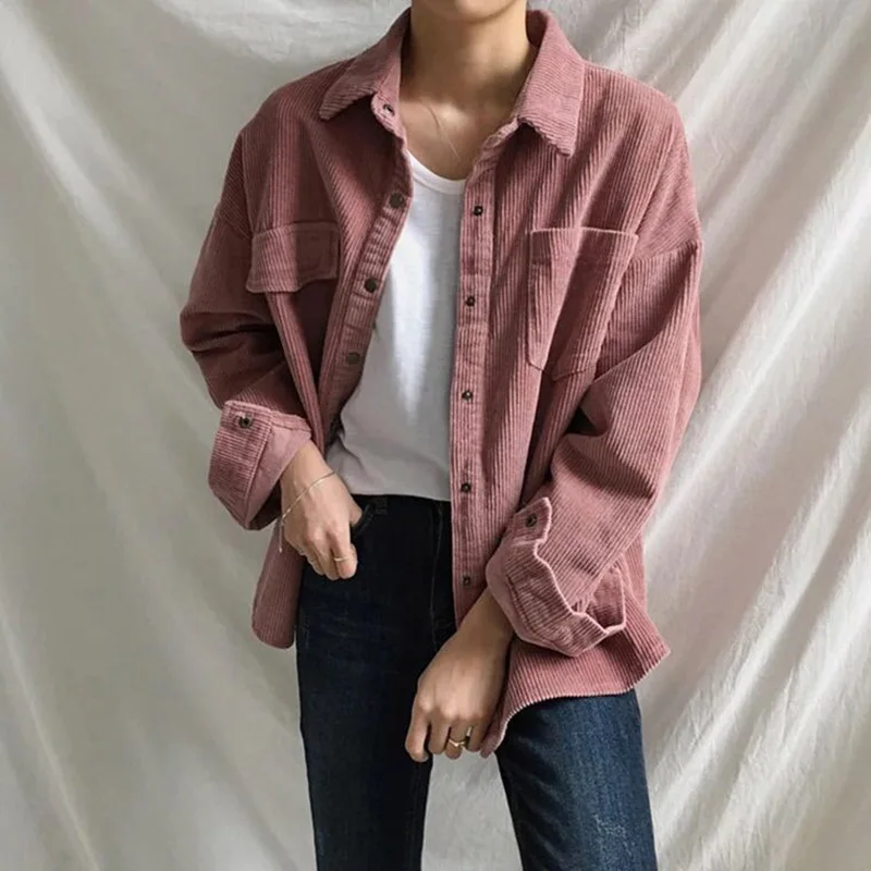 

WW-1298 Corduroy Loose Long-sleeved Shirt Jacket Female Pure Color Joker Winter Jacket Long Coats Used Women, Customized color