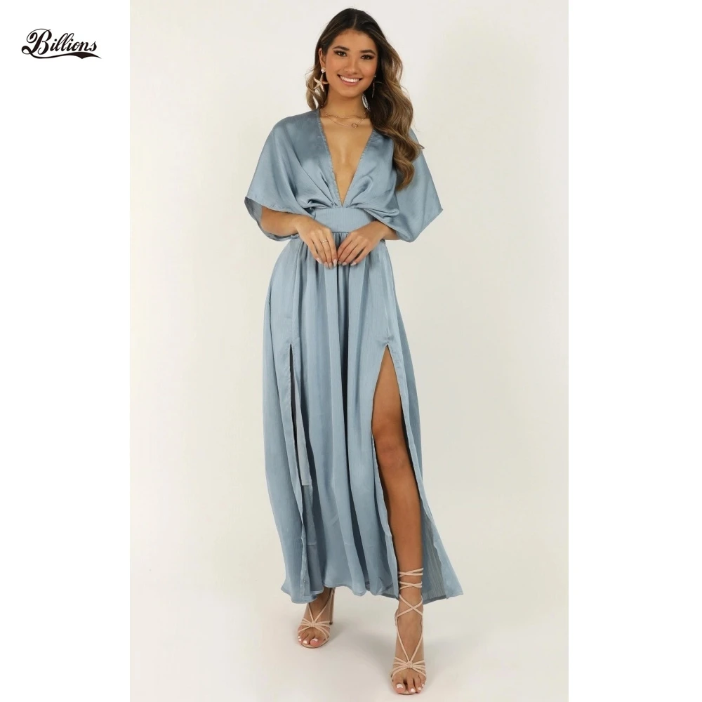

Long Line Pretty Dress In Dusty Blue Satin