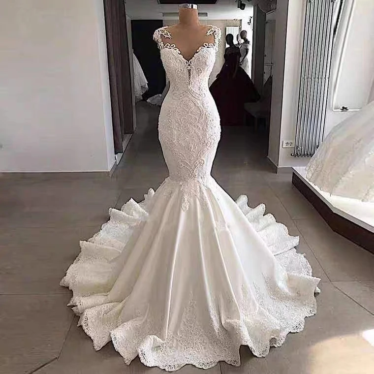 

2021 Luxury Satin Ladies Elegant Bride Engagement Dress Mermaid Bridal Wedding Dresses, White