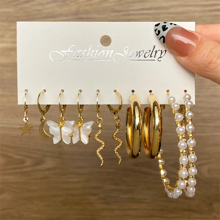

New Women Fashion Jewelry Gold GeometricPearl Hoop Earrings Set Creative Metal Snake butterfly Pendant Stud Earrings