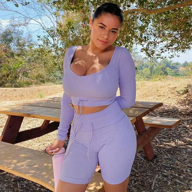 

S917026 Latest design long sleeve sexy women's two piece clothing set lace up women's 2 piece sets crop top bodycon 2021 outfits