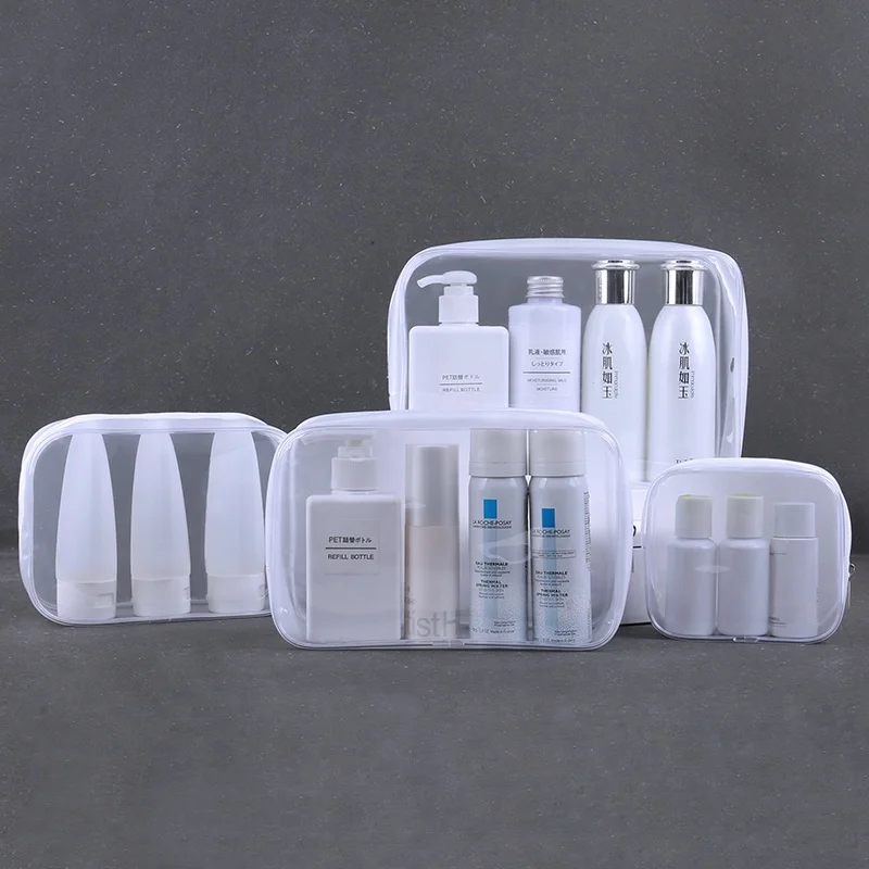 

Transparent Frosted PVC Plastic Cosmetic Bags Waterproof Travel Toiletries Bag With Zipper Daily Makeup Organizer, Clear