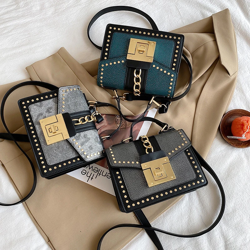 

Luxury Fashion Summer New Korean Sequined Shoulder Bag Purse Snake Rivet Square Crossbody Handbag for Women, 3colors
