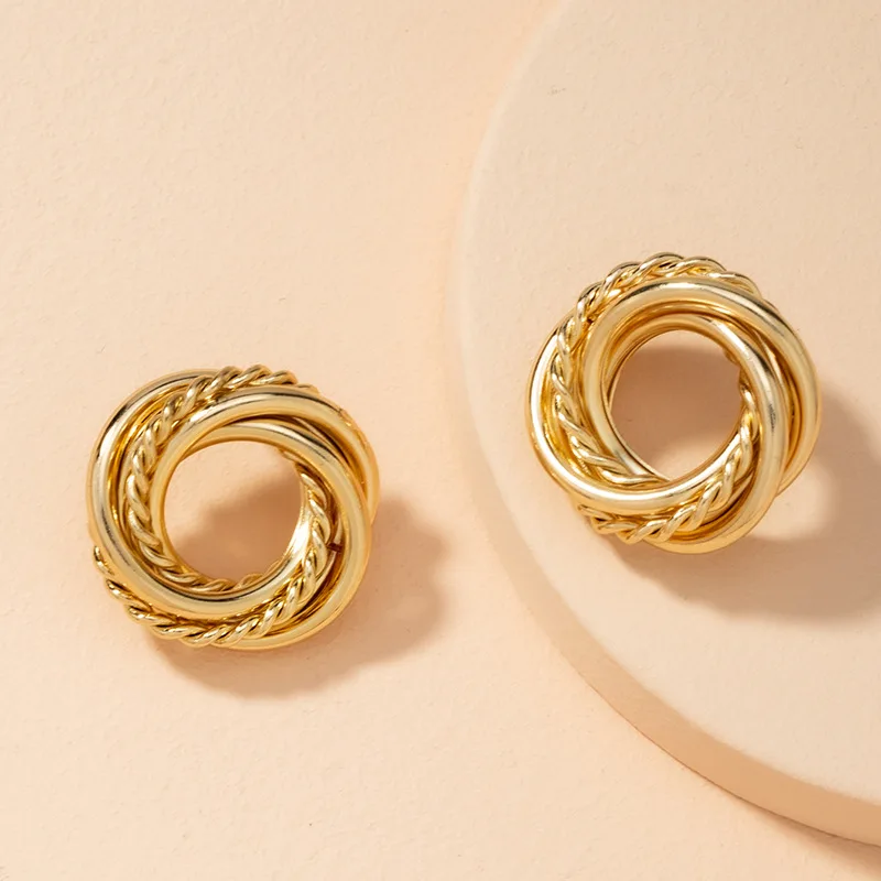 

Indie Designer Gold Plated Twisted Hoop Stud Earrings Spiral Multi Layers Circle Statement Earrings For Women