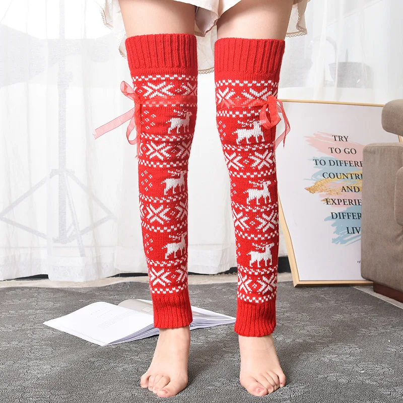 

European and American Style Warm Christmas Snowflake Elk Socks Knitted Long Tube Thick Socks, Red&grey