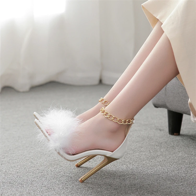 

Drop Shipping 2021 Rubber Open Toe Thin Furry Gold Chain Pointed Toe Heels Heeled Sandals Women Shoe, 3 colors