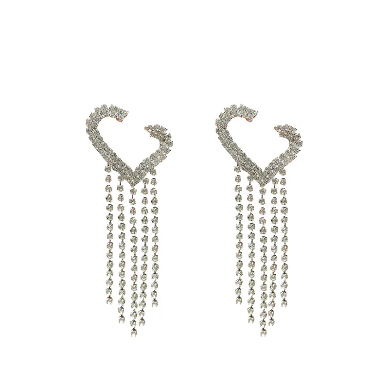 

2021 Sailing Fashion Temperament 925 Silver Needle Love Heart Diamond Earrings Tassel Long Exaggerated Earrings for Women
