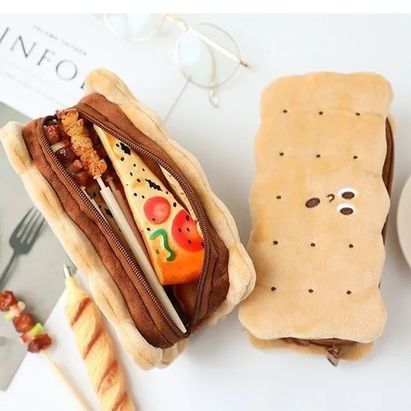 

Hot selling kawaii cute students boys girls storage bag Multi-functional stuffed plush sandwich biscuits pen case