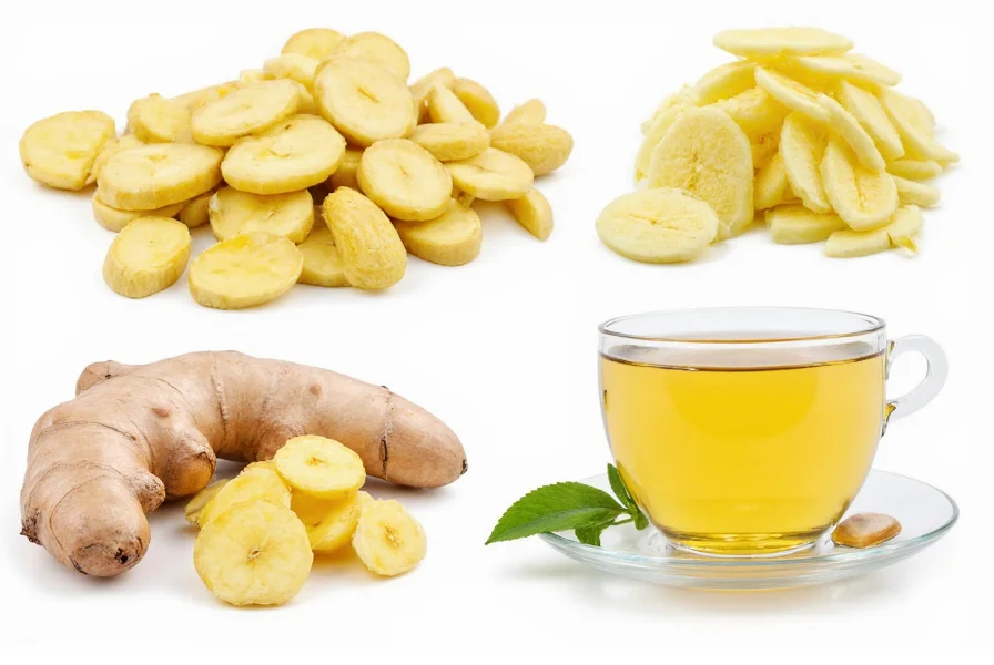 Fresh ginger slices in various preparations: grated, sliced, and in tea