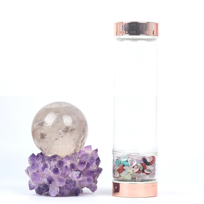 

Custom Logo Rose Gold Quartz Gemstone Energy Infused Crystal Glass Water Bottle