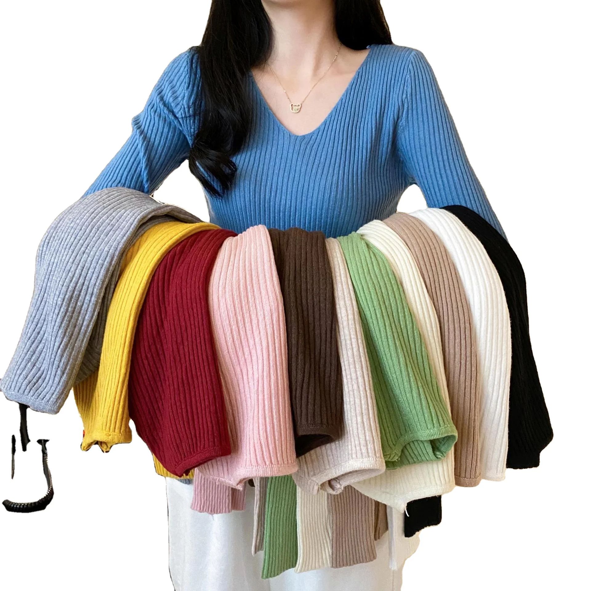 

Sweaters for girls tops winter new slim v-neck bottoming long sleeves pullover