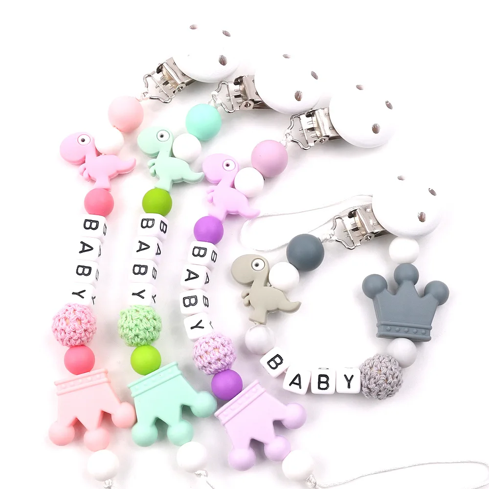 

Safety Silicone Crochet Wood Beads Pacifier Clips Chain Teething Toys Baby Pacifier Holder